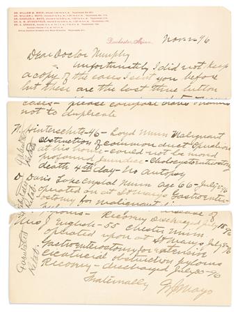 MAYO, WILLIAM JAMES. Two Autograph Letters Signed, W.J. Mayo, to physician John Benjamin Murphy (Dear Doctor Murphy),